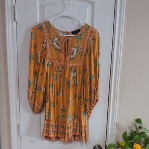 Rachel Zoe Floral Blouse in Mustard and Blue